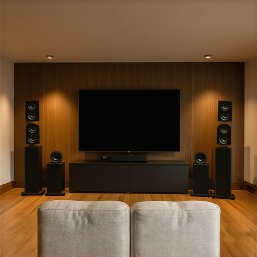 Living room with strategically placed speakers and acoustic panels for optimal sound quality