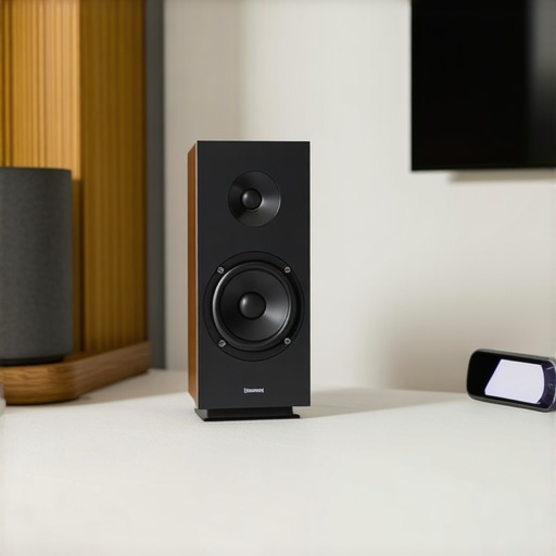 Innovative wireless speaker setup in a contemporary living space A sleek, modern living room featuring multiple wireless speakers seamlessly integrated with smart home devices