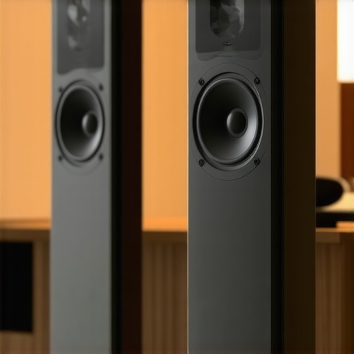 Modern high-end speaker with smart controls Sleek, modern high-end speaker with smart features in a listening room