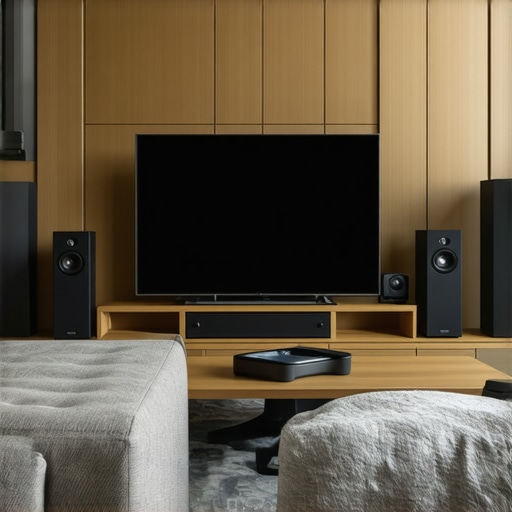 Living room with carefully positioned speakers and acoustic treatments for superior sound quality