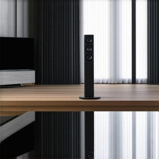 Living room with modern tower speakers connected to smart home devices.