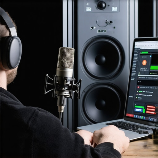 Audio technician calibrating hi-fi speakers with a microphone and software