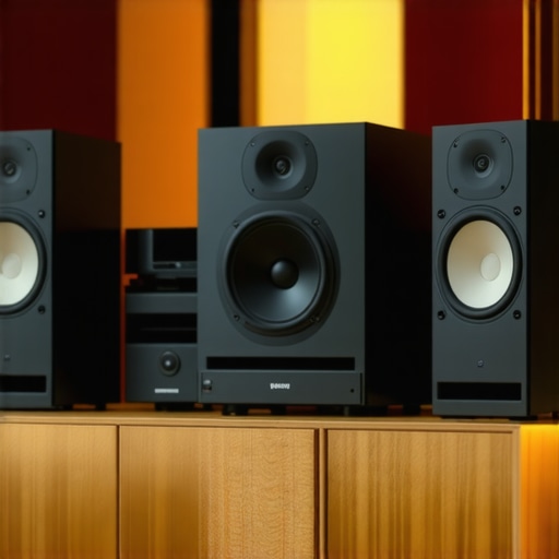 Home Audio Setup with Tower Speakers Modern living room with high-end tower speakers and audio system
