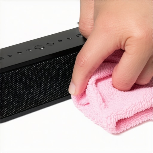 Person cleaning a portable wireless speaker with a microfiber cloth to ensure long-term performance.