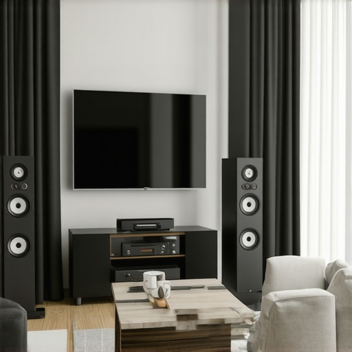 Living room with tower speakers positioned for best sound quality.