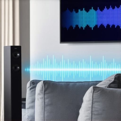 Modern living room with high-quality tower speakers and sound wave visualization