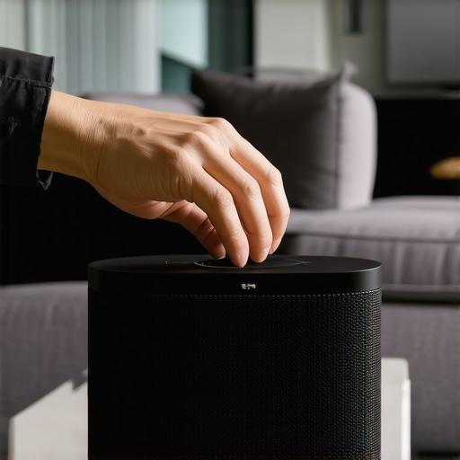Person adjusting sound settings on a wireless Bluetooth speaker in a home environment.