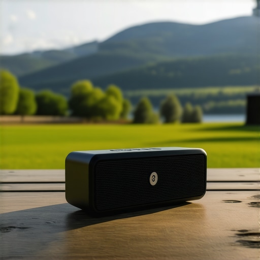 A portable Bluetooth speaker placed on a picnic table with nature in the background