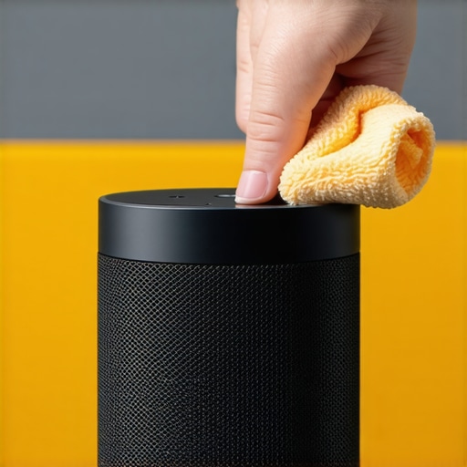 Person cleaning a wireless speaker with microfiber cloth in home environment
