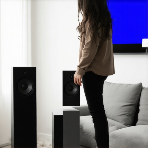 Person positioning tower speakers for optimal sound in a cozy living room.