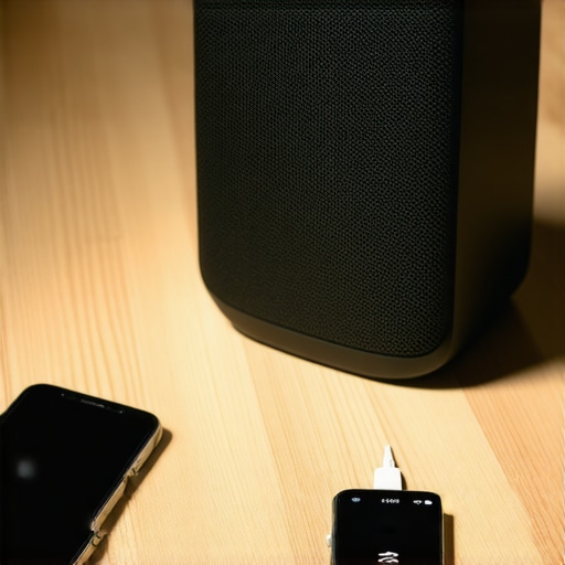 Close-up of a Bluetooth wireless speaker connected to a smartphone