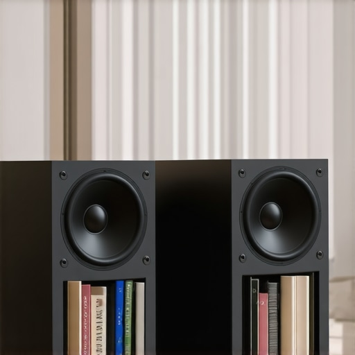 Modern bookshelf speakers on stands in a living room.