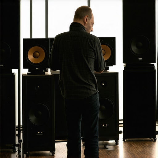 Expert calibrating hi-fi speakers with measurement tools Audio technician using measurement microphone and REW software to calibrate hi-fi speakers in a sleek listening room.