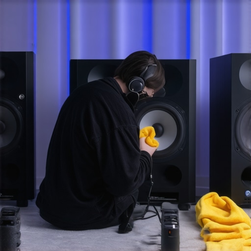 Maintaining High-Fidelity Speakers for Longevity Person cleaning and calibrating high-end tower speakers in a home audio setup.