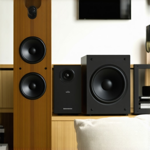 Living room with tower and bookshelf wireless speakers optimized for sound quality.