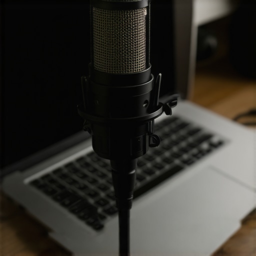 A setup with a calibration microphone connected to a laptop for room correction