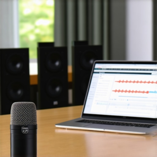 Microphone and laptop for audio calibration in a listening room.