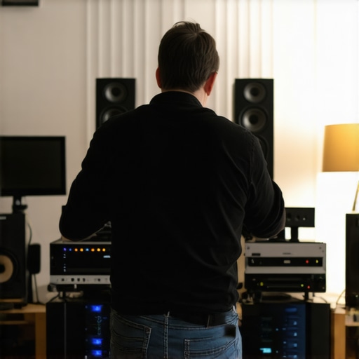 Speaker Calibration Setup for Optimal Sound Person adjusting and calibrating high-end bookshelf speakers with measurement tools.
