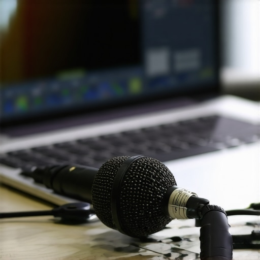 Measurement microphone connected to a laptop displaying REW software for room acoustic analysis.