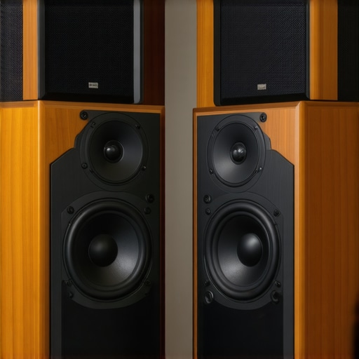 High-End Tower Speakers in Elegantly Treated Room Elegant tower speakers in a sound-optimized listening room.
