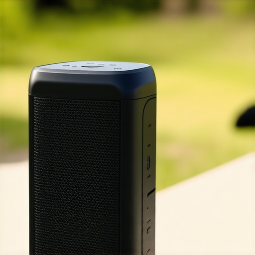 A portable Bluetooth speaker outdoors with visible drivers and rugged design