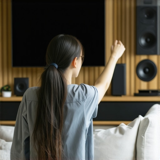 Man fine-tuning bookshelf speakers in a well-treated room with acoustic panels and furniture