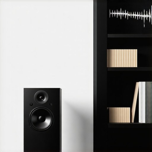 Modern living room with bookshelf speakers and acoustic treatment