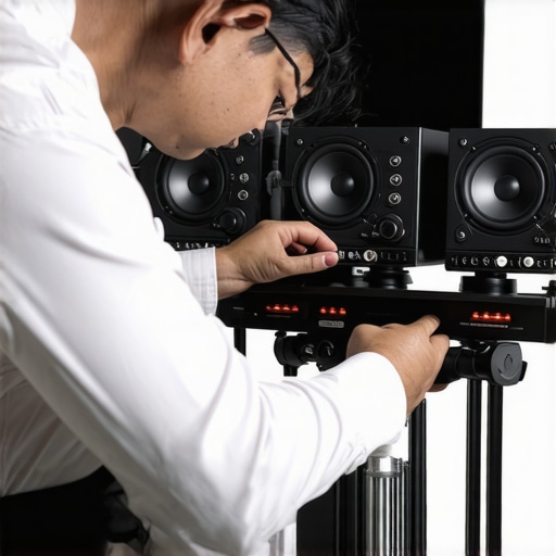 Audio technician calibrating wireless speakers with specialized tools in a studio setting.