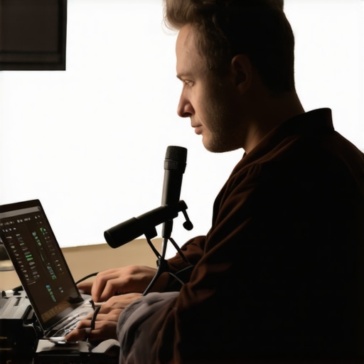 Person calibrating audio system with microphone and laptop in a home theater
