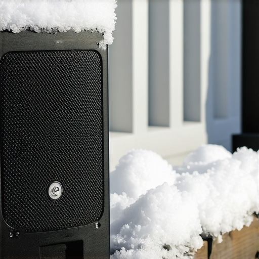 A rugged outdoor speaker mounted on a snowy porch, designed to withstand winter weather