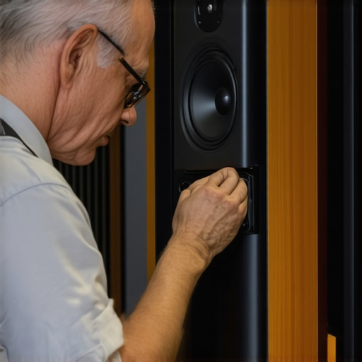 Professional Audio Calibration in Progress Technician adjusting speakers using measurement tools in a high-end listening room