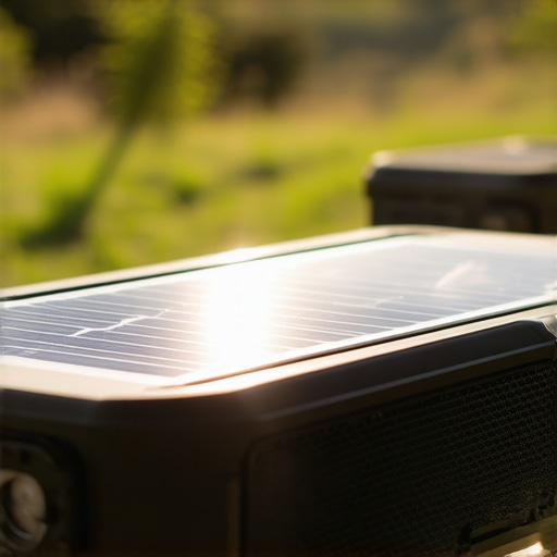 Close-up of a solar-powered Bluetooth speaker outdoors in bright sunlight with scenic background.